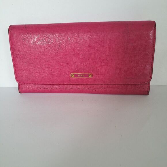 Fendi Wallet Leather Wallet Solid Pink Clutch Envelope Large Logo Authentic - Picture 1 of 15